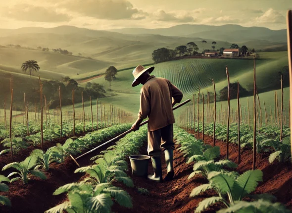 DALL·E 2024-09-15 21.17.37 - Um homem trabalhando em uma plantação sob um céu claro. Ele usa um chapéu de palha e roupas simples, com botas sujas de terra, enquanto trabalha com a