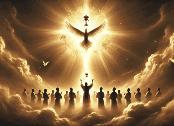 DALL·E 2024-09-20 20.38.21 - Uma imagem simbólica representando o derramamento do Espírito Santo. Uma pomba branca desce do céu em meio a uma luz brilhante e radiante, com feixes (2) (1) (1) (1) (1)