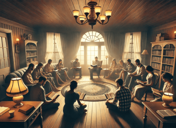 DALL·E 2024-09-27 21.36.59 - Uma imagem representando a Igreja de Deus como um grupo de pessoas reunidas em uma casa para estudar a Bíblia. A cena mostra uma sala de estar aconche (1) (1)
