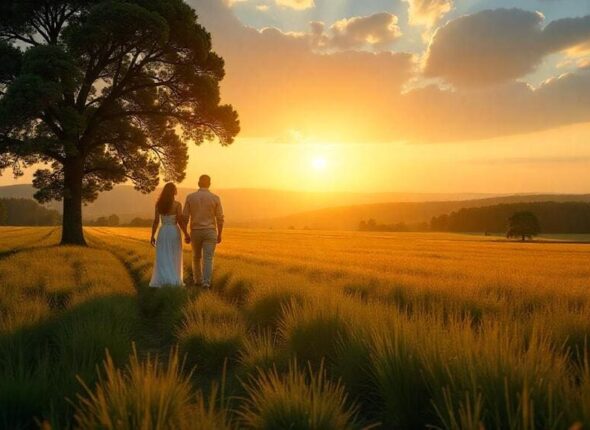 casal no campo olhando o por do sol