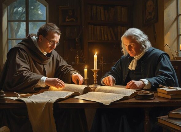 _Crie uma imagem que represente Martinho Lutero e Isaac Newton estudando as profecias. (2)